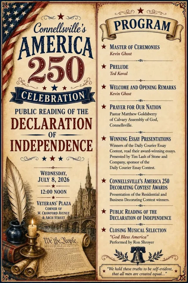 🇺🇸 Today, Fayette County, PA is making history... twice! 🇺🇸

Today, communities across all 50 states, five U.S. territories, the District of Columbia, and the U.S. Minor Outlying Islands will come together for a nationwide public reading of the Declaration of Independence, commemorating the 250th anniversary of its first public reading on July 8, 1776.

While many communities across the country are taking part, participation in Southwestern Pennsylvania is limited. In fact, only three locations in our region are hosting an official reading, and Fayette County is home to two of them! Connellsville and Uniontown are proudly leading the way, with Waynesburg being the only other participating community in Southwestern Pennsylvania.

This is another example of Fayette County's commitment to honoring our nation's history and celebrating America250th Anniversary. We are proud that our communities continue to step up, preserve our heritage, and provide opportunities for residents and visitors to be part of this once in a generation celebration.

📍 12:00 Noon – Veterans' Plaza, Connellsville
📍 3:00 PM – Steps of the Fayette County Courthouse, Uniontown

We hope you'll join us at one or both of these meaningful events as we come together to read the words that helped shape our nation. 🇺🇸

❤️ 🤍💙There's always something new to experience. Get out and Discover Fayette PA!
