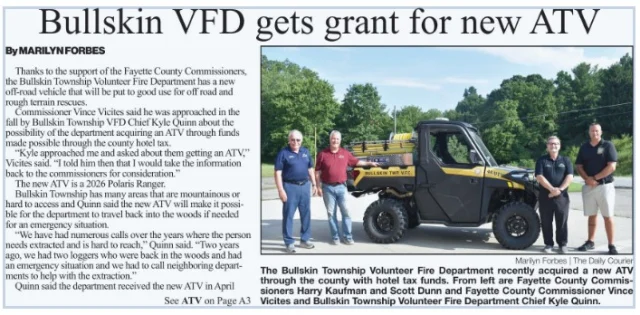 Congratulations to the Bullskin Twp Volunteer Fire Co. on receiving a new ATV that will help first responders reach people in remote and difficult-to-access areas of Fayette County, PA. This new equipment will strengthen emergency response efforts and help keep both residents and visitors safer when every minute counts.

Thank you to The Daily Courier Connellsville for sharing this story, and thank you to the dedicated volunteers of Bullskin VFD and the Fayette County Commissioners for their commitment to serving our communities.

#DiscoverFayette #FayetteCountyPA