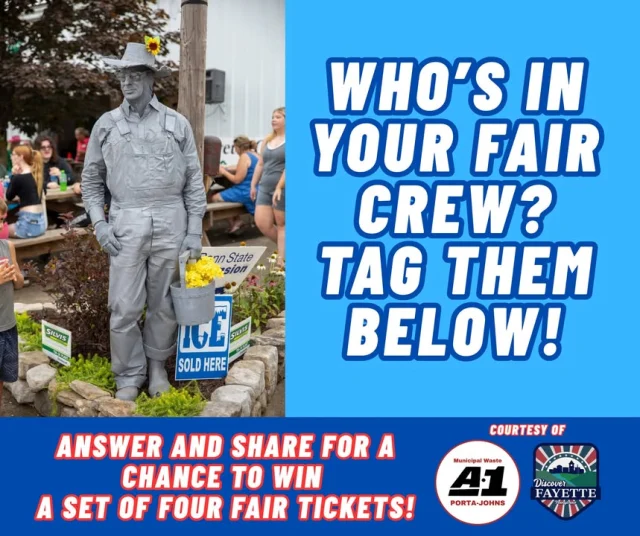 🎡 ANOTHER FAYETTE COUNTY FAIR TICKET GIVEAWAY! 🎟️

We have another set of FOUR Fayette County Fair tickets to give away, courtesy of A1 Porta Johns and Discover Fayette PA!

TELL US: WHO’S IN YOUR FAIR CREW? 🎡

If you won, who would you bring along for a night at the fair? Tag them in the comments! 👇

One lucky winner will receive all four tickets. The winner will be randomly selected at 8 p.m. tonight. Good luck!