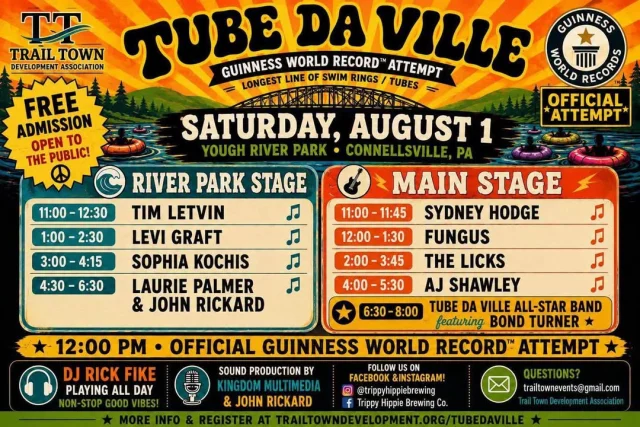 ☀️ One of the biggest weekends of the summer is happening right here in Fayette County, PA!

Join the excitement on Saturday, August 1, as Tube Da Ville takes over Yough River Park in Connellsville with an official Guinness World Record attempt for the longest line of swim rings and tubes. The day is packed with live music, food and craft vendors, breweries, family activities, and free admission.

The fun doesn't stop there! Make a weekend of it with Roadville SummerFest at The Blue Canoe RV Resort, enjoy convenient river access through the Dawson Volunteer Fire Company, or catch all the action from The River's Edge Restaurant & Bar during their Tube Da Ville Watch Party.

There's something for everyone, so gather your family and friends and come experience one of Fayette County's most unique summer events. Get out, explore, and Discover Fayette PA!