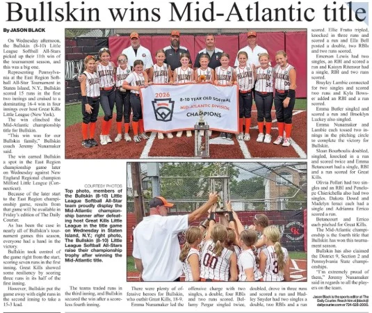 Congratulations to the Bullskin 10U Little League Softball All-Stars on capturing the 2026 Mid-Atlantic Championship with a commanding 15-3 victory over East Region champion New Fairfield, Connecticut.

With the victory, Bullskin has earned a spot in the Little League Softball World Series, where they will represent the Mid-Atlantic Region on the national stage.

Fayette County, PA is incredibly proud of these talented young athletes, their coaches, and the families and supporters who have cheered them on every step of the way. Congratulations on an incredible accomplishment, and best of luck as you continue your journey!

Story credit: The Daily Courier Connellsville