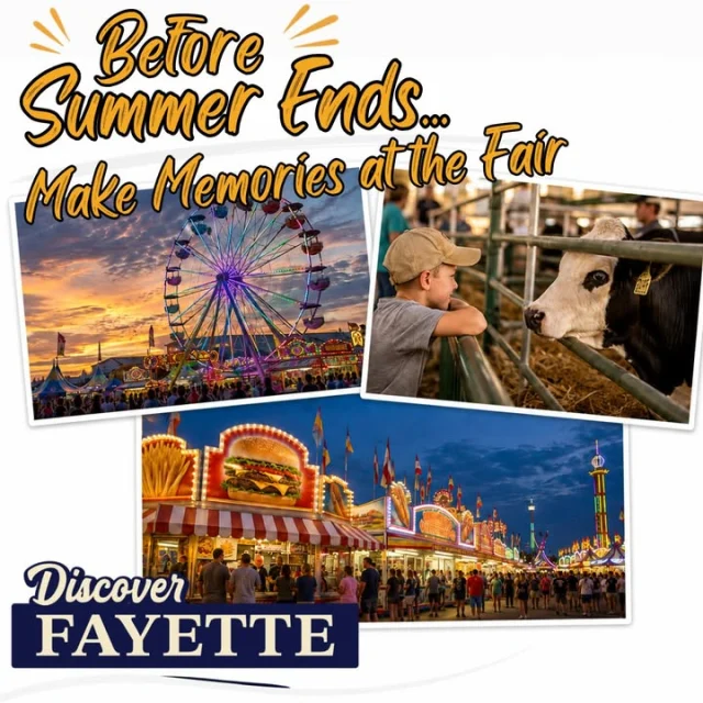 🎡 Before Summer Ends... Make Memories at the Fair

We know we've been posting a lot about the Fayette County Fair lately, but there's a good reason for it. It only comes around once a year, and there's so much to see, do, and experience.

From the midway rides and your favorite fair foods to livestock exhibits, live entertainment, agricultural displays, and family traditions, the fair is one of those places where memories are made. Whether you've been going for years or it's your first visit, there's always something new to discover.

Before summer comes to an end, make time for one more trip to the fair. Bring the family, meet up with friends, enjoy the sights and sounds, and make a few more summer memories before the season is over.

📸 What's your favorite Fayette County Fair tradition? Tell us in the comments!

Always remember to go out and Discover Fayette.