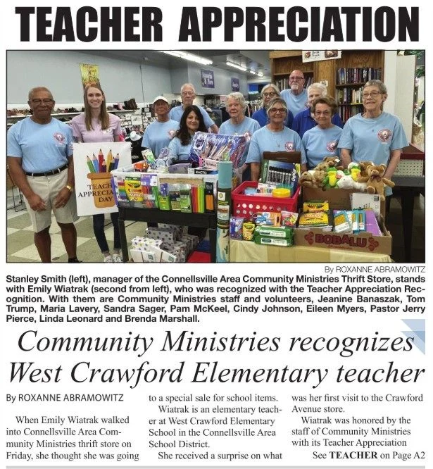 What a wonderful example of community appreciation! As featured in today’s Daily Courier, West Crawford Elementary teacher Emily Wiatrak, of the Connellsville Area School District, received a special surprise from Connellsville Area Community Ministries  in recognition of her dedication to her students. Emily was nominated by fellow teacher Deanna Mongell Reilly and honored with a collection of classroom supplies, stuffed animals, tissues and a gift card to help prepare her classroom for the new school year.

Thank you to Connellsville Area Community Ministries for supporting our local educators, and congratulations to Emily on this well-deserved recognition!

Photo and story courtesy of the The Daily Courier Connellsville.